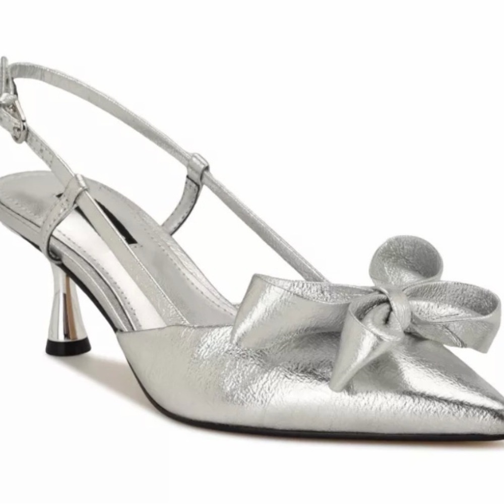 Nine West Silver Slingback Kitten Heel with Bow Accent